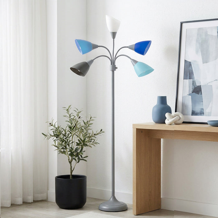 Skye Lampadaire a 5 lumieres avec cols de cygne reglables, Bleu multicolore, Blanc et Argent, 67 po H