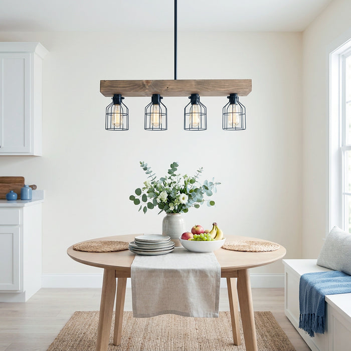 Abell Suspension rustique en bois a 4 lumieres, Onyx, 32 po L
