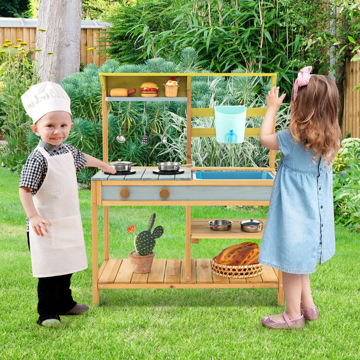Jeu De Cuisine En Bois Pour Enfant, Cuisine Jouet Pour Enfant, Robinet Et Reservoir A Eau, Evier Amovible, 3 Crochets De Suspension, 1 Etagere Amovible, 2 Etageres Fixes, Pour Les +3 Ans
