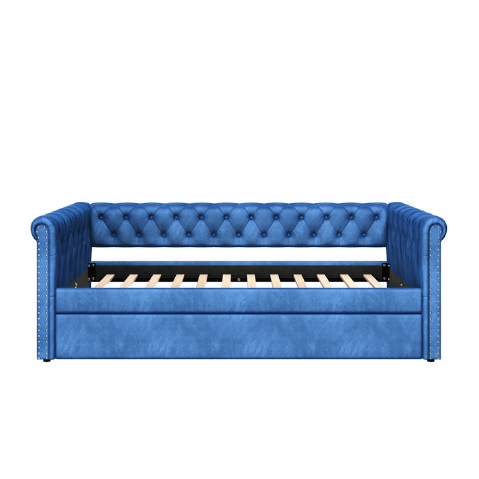 Le Daybed Sophia avec design capitonne, revetement en tissu, lit d'appoint avec trundle et dossier confortable, couleur bleue