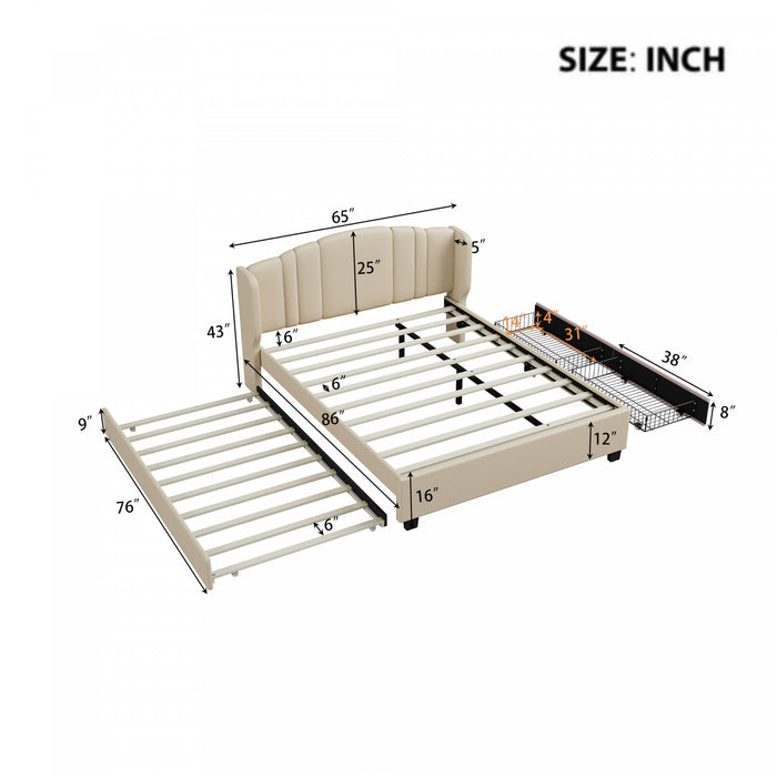 Lit plateforme Jean rembourre avec tete de lit a oreilles et tiroirs de rangement, taille queen, beige