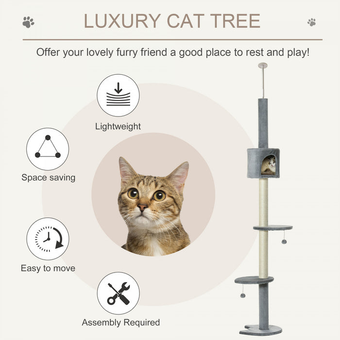 Pawhut Arbre A Chat A 4 Niveaux Du Sol Au Plafond, Grande Tour Pour Chat Avec Griffoir, Rembourrage En Peluche, Jouet Balle, Condo Pour Chat Pour Chats D'interieur, Gris Clair