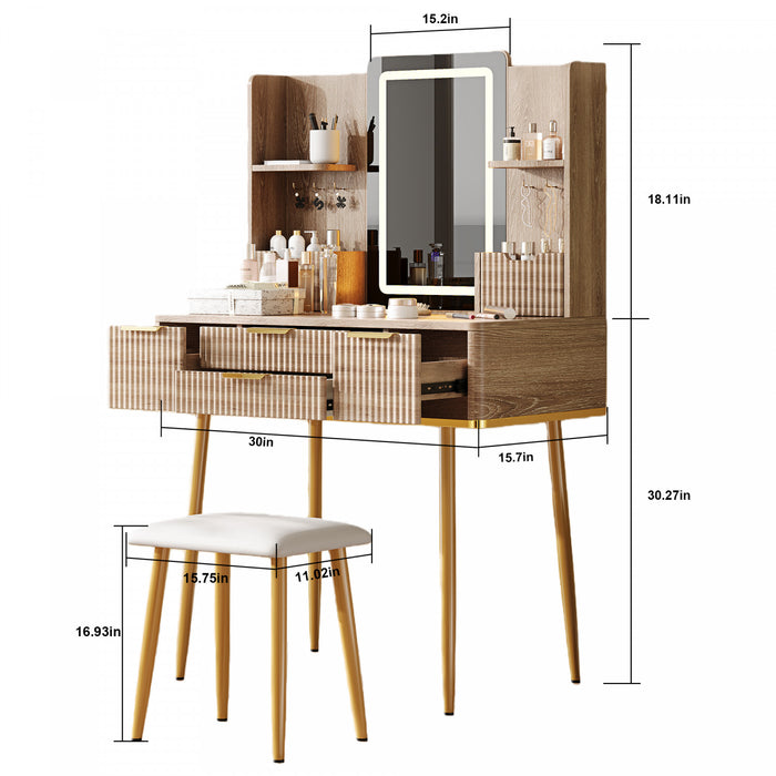 Isabella Ensemble de coiffeuse 4 tiroirs avec miroir LED et pieds en metal, Brun Jaune