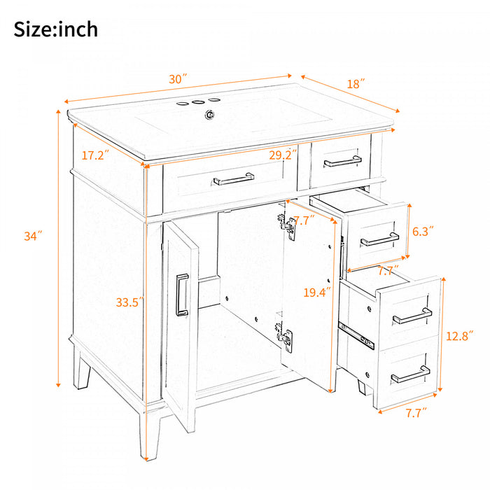 Savannah Meuble de salle de bain 30 pouces avec vasque en ceramique et armoire de rangement spacieux, Gris