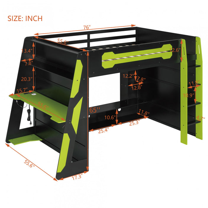 Olivia Lit mezzanine en bois avec bureau et etageres de rangement multiples, Lumiere RGB, Vert