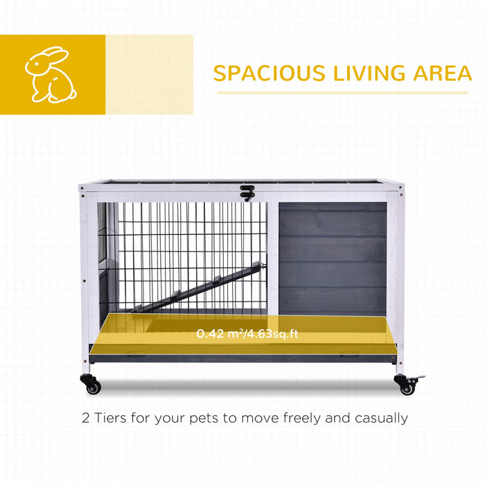 Pawhut Clapier D'interieur En Bois Pour Lapin Avec Cage Surelevee Avec Enclos Ferme Avec Roues, Ideal Pour Lapins Et Cochons D'inde, Blanc