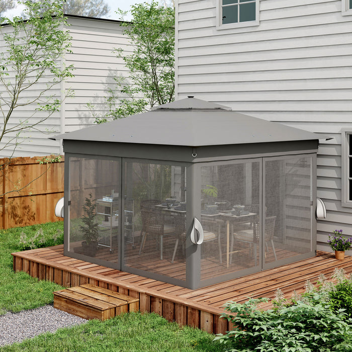 Outsunny 11x11ft Pop Up Canopy Tent With Sides, 20 Solar-powered Led Lights, Curtains, Netting, Roller Bag, 4 Weight Bags, Height Adjustable Instant Sun Shelter For Outdoor, Garden, Patio, Grey (abri Solaire Instantane Reglable En Hauteur Pour L'exterieur, Le Jardin, Le Patio)