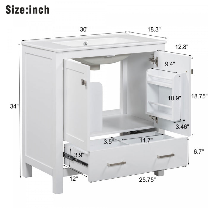 Erica Meuble-lavabo De Salle De Bain 30\" En Bois Massif Avec Lavabo Simple En Ceramique, Portes A Fermeture Douce Et Rangement Multifonctionnel - Blanc