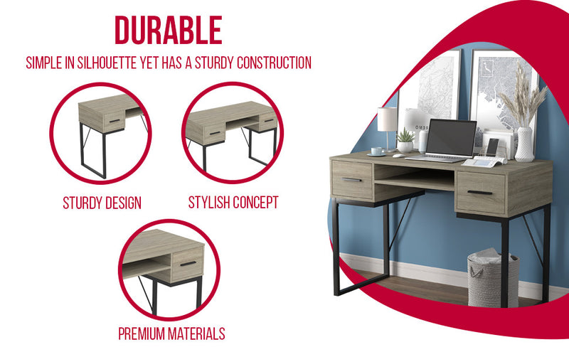 Bureau d’ordinateur de 43 po avec 2 tiroirs et 1 tablette - taupe foncé avec base en métal noir