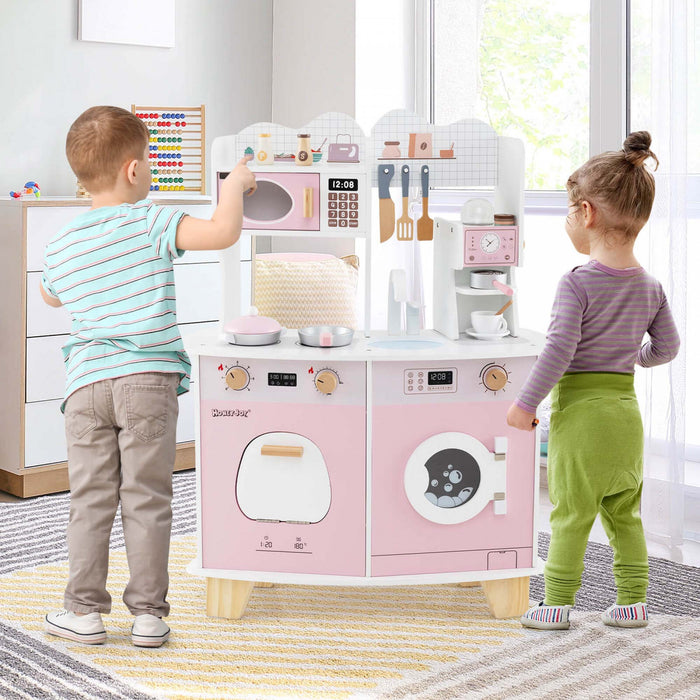 Costway Wooden Kids Kitchen Playset Pretendre Jouer Cuisine Avec Cafetiere Et Micro-ondes