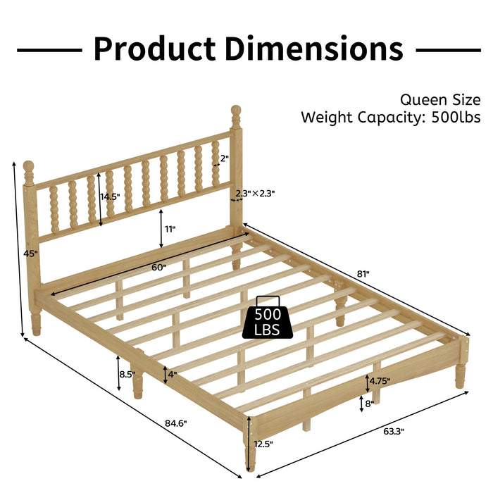 Oliver Lit Plateforme Retro en Bois avec Tete de Lit en Forme de Gourde et Support en Lattes en Bois Robustes, Taille Queen, Naturel