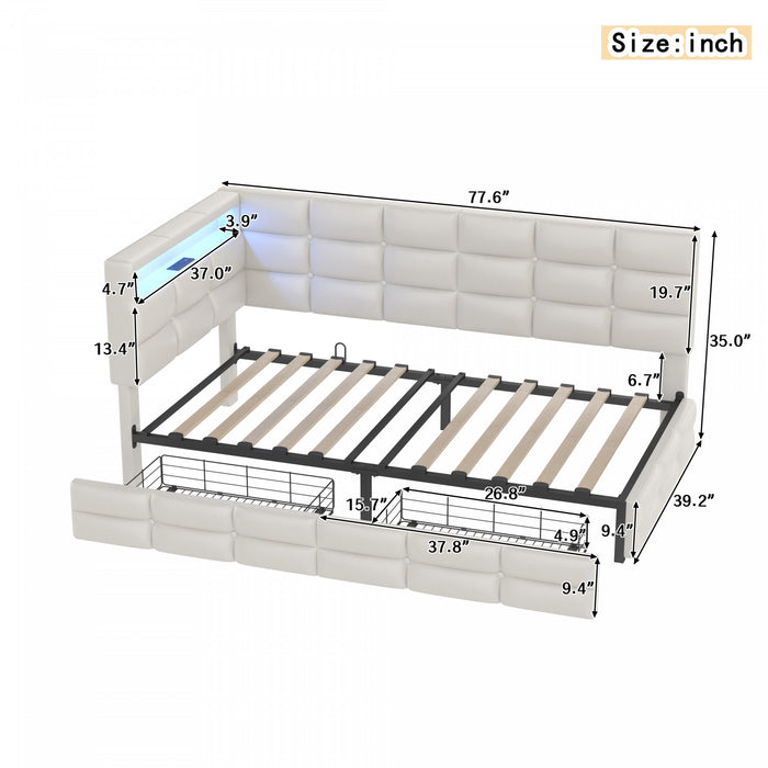 Banquette-lit Sophia rembourree avec lumieres LED et tiroirs de rangement, taille simple, beige