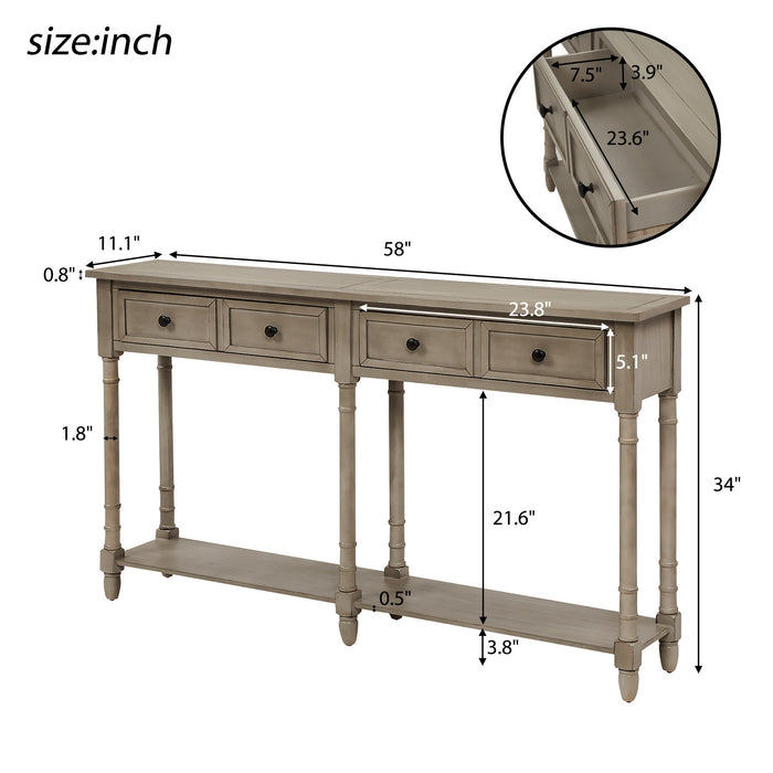 Table Console Phyllis En Bois Massif Avec Tiroirs Et Etagere Inferieure - Gris