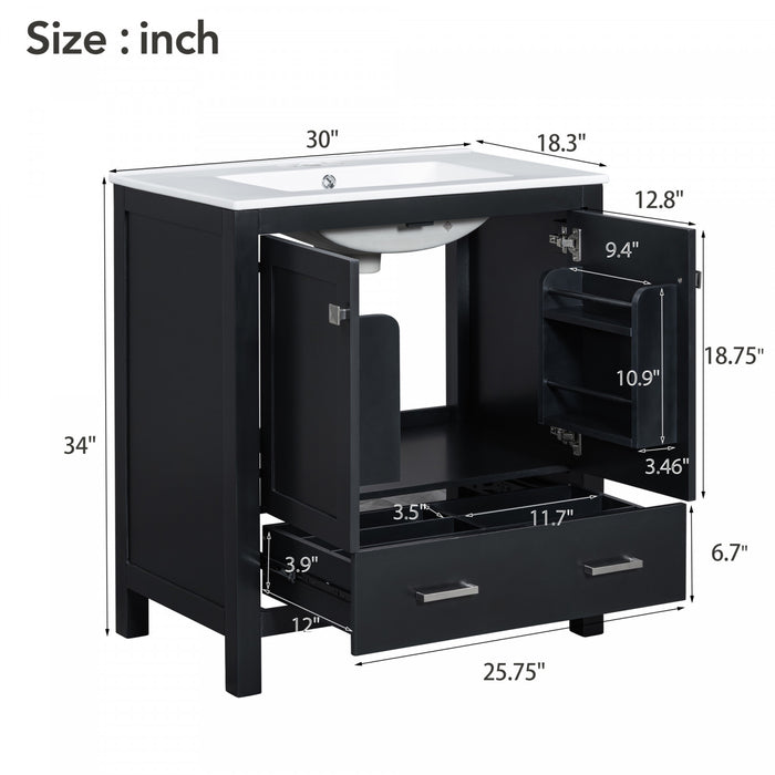 Erica Meuble-lavabo De Salle De Bain 30\" En Bois Massif Avec Lavabo Simple En Ceramique, Portes A Fermeture Douce Et Rangement Multifonctionnel - Noir