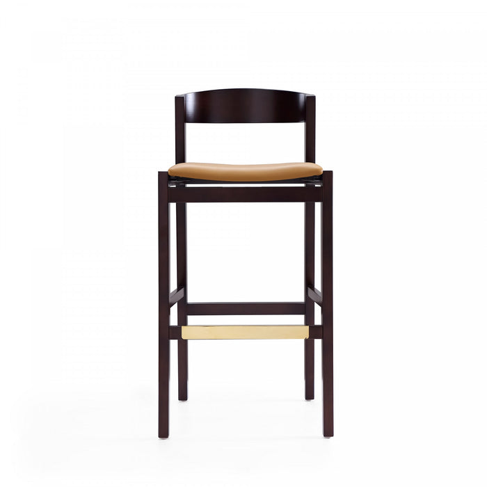 Tabouret de bar en bois rembourre style Klismos mi-siecle moderne, coloris camel - Lot de 2