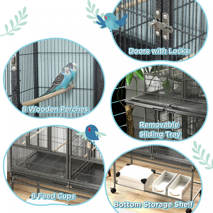 Pawhut Grande Cage A Oiseaux En Metal A Double Roulement Avec Plateau En Metal Amovible, Etagere De Rangement, Perchoir En Bois, Recipient Alimentaire, Gris