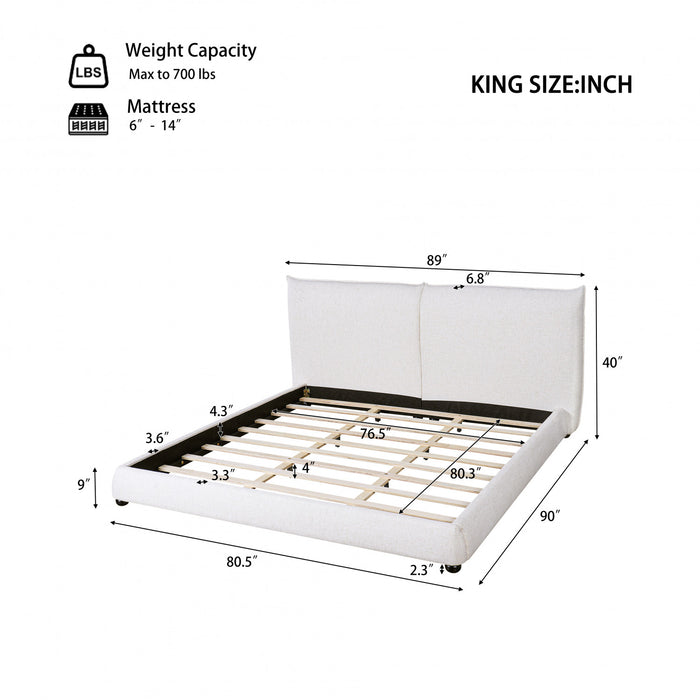 Lit plateforme Mason en tissu melange de lin avec tete de lit rembourree a coussins, taille king, blanc