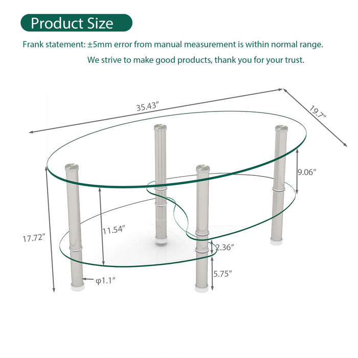 Table basse ovale transparente moderne Sophia en verre avec pieds en acier inoxydable, transparente