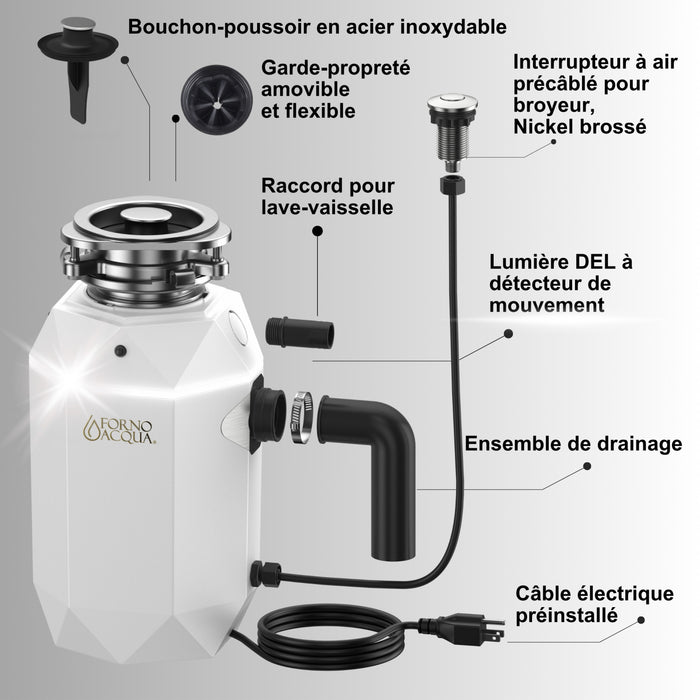 BrightDIAMOND 1HP Broyeur ultra-silencieux, DEL sous armoire, cordon/interrupteur, Blanc- WDD100TA1BO