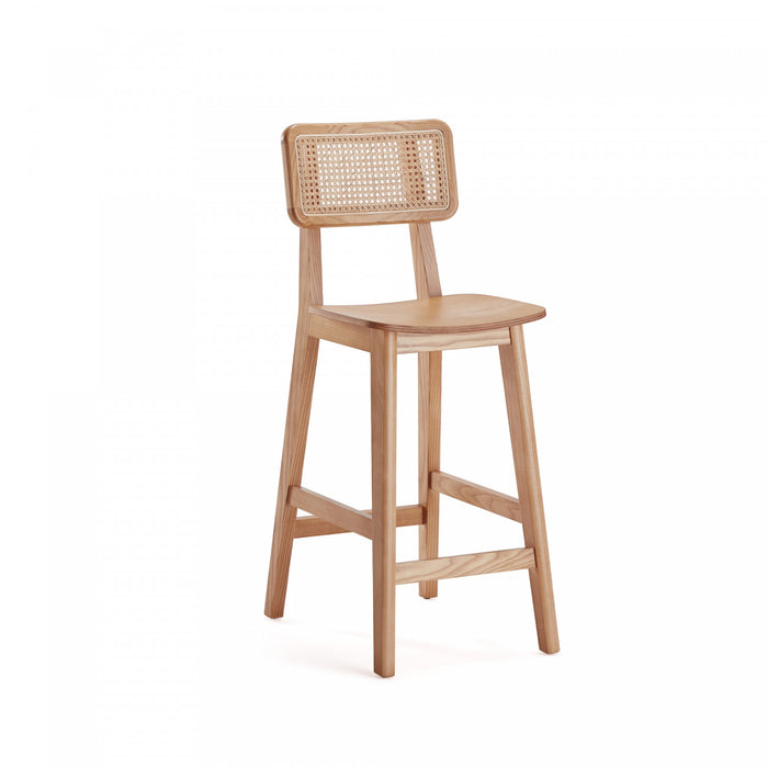 Tabouret de comptoir en bois a dossier cannage style industriel chic Versailles, naturel - Lot de 2