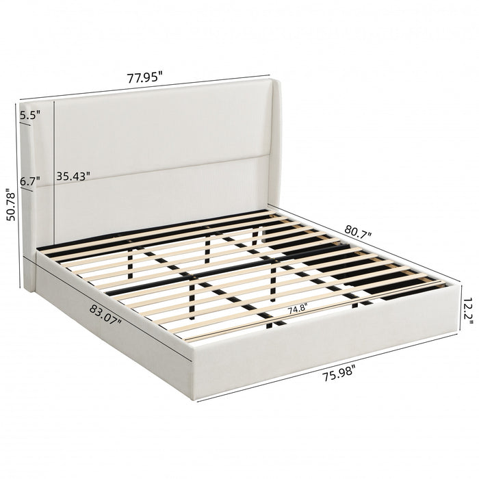 Liam Lit plateforme rembourre avec tete de lit a ailes, taille King, beige