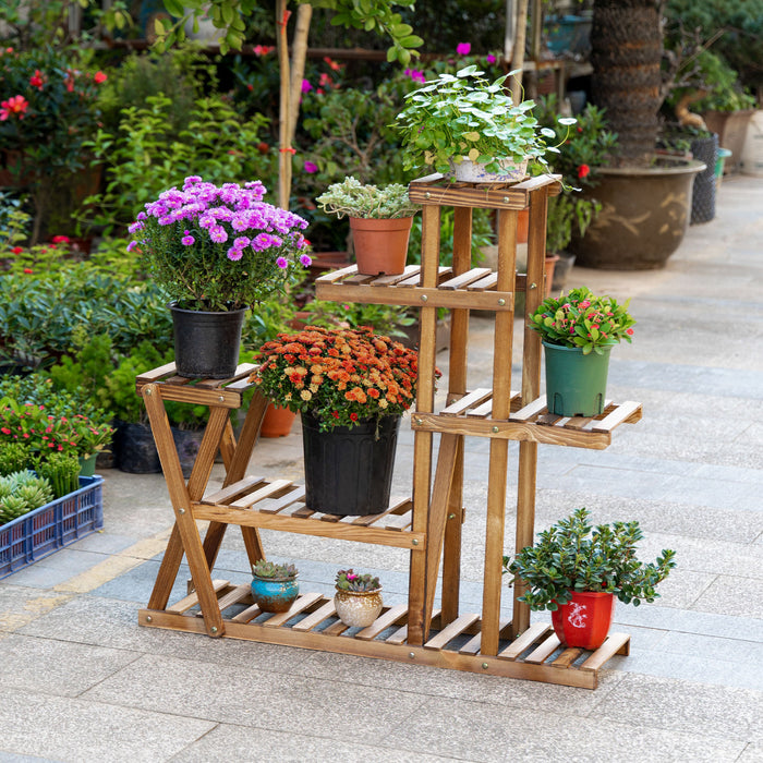 Outsunny Etagere A Fleurs 5 Niveaux Support Pour Pot De Fleurs En Bois Porte Plantes Pour Salon Entree Balcon Terrasse Patio Bois Massif De Sapin Carbonise