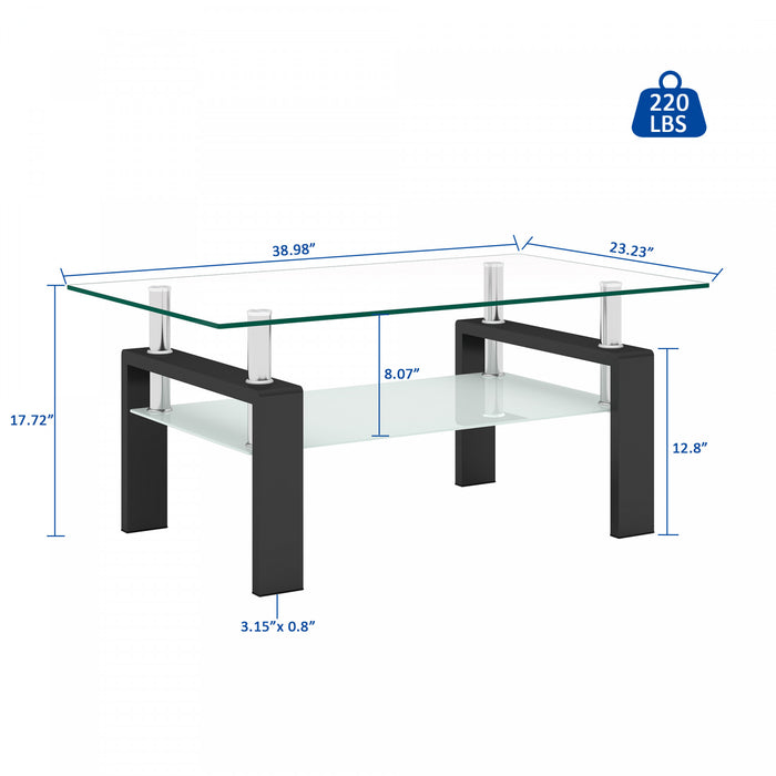Table basse moderne rectangulaire en verre trempe transparent Liam, noire