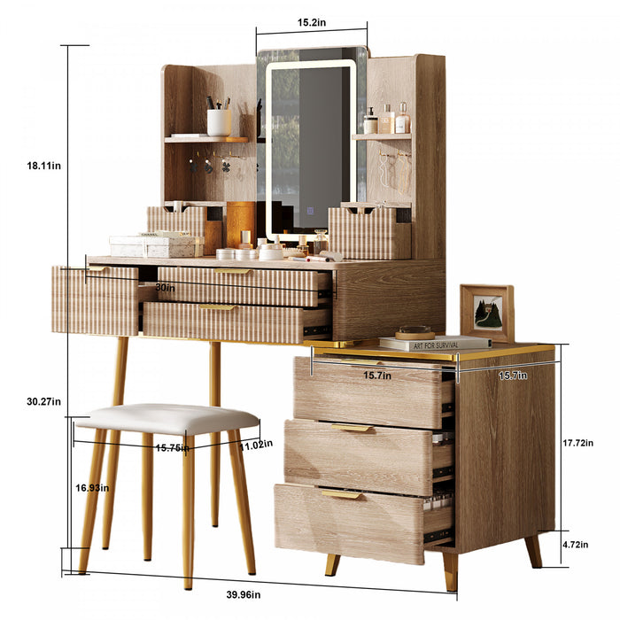 Victoria Ensemble de coiffeuse 7 tiroirs avec miroir LED et pieds en metal, Brun Jaune