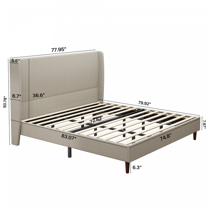 Cadre de lit King Harper rembourre avec tete de lit haute, en tissu lin, beige