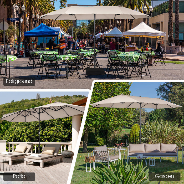 Parasol de patio jumeau double face Costway de 15 pieds, ombrage exterieur, manivelle et base de marche beige