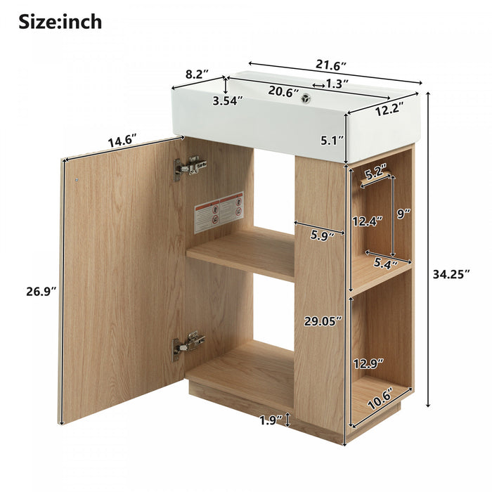 Coiffe de salle de bain moderne Serena de 21,6 pouces avec lavabo en ceramique et rangement polyvalent, brun