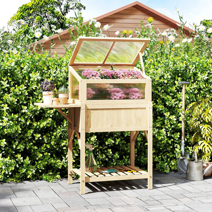 Bac de jardin sureleve Outsunny avec serre froide et table pliante, bois naturel