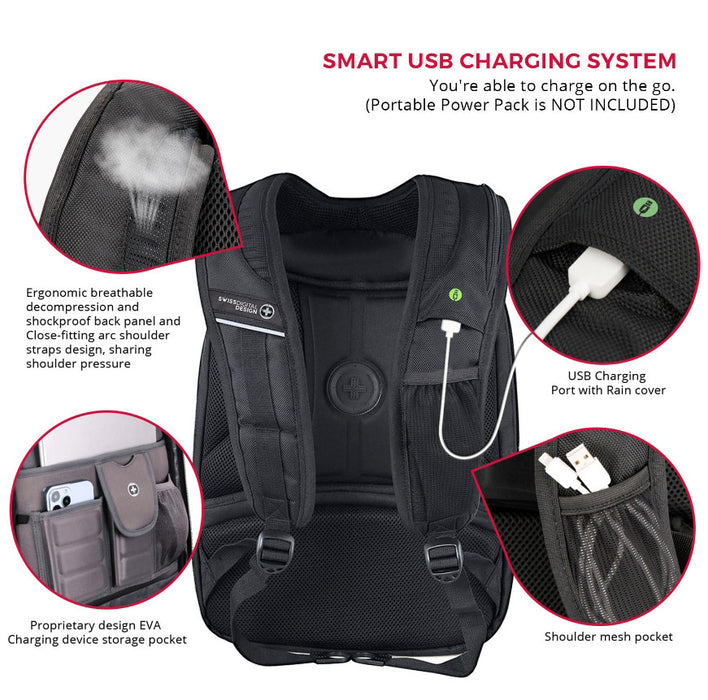 Sac a dos Swissdigital Terabyte – Sac pour ordinateur portable 15,6, Charge USB, Detecteur SDD, Protection RFID, Grande capacite, Garantie de 2 ans