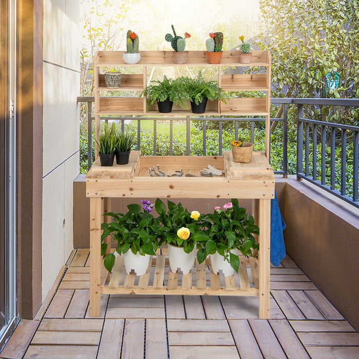 Table Pour Plante En Bois Avec Plateau Rabattable, Etageres Et 3 Crochets, Table De Rempotage Pour Serre / Jardin / Terrasse, Table De Jardinage, Capacite De Charge 150 Kg, 110x50x153cm