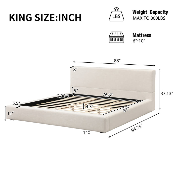 Lit plateforme rembourre Connor avec tete et pied de lit en lin, taille King, beige