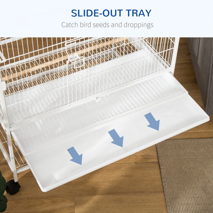 Pawhut 52\" Grande Cage A Oiseaux Roulante En Acier Avec Support Roulant, Etagere De Rangement, Perchoir En Bois, Recipient Alimentaire, Blanc