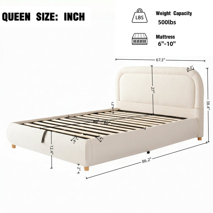 Lit plateforme Sophia avec rangement a levage hydraulique, revetement en boucle, taille queen, beige