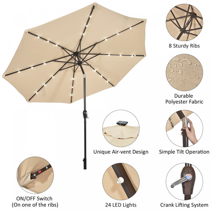 Costway Parasol Solaire de Patio 10ft LED Marche d'Exterieur en Acier Incline avec Manivelle Beige