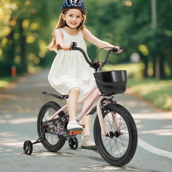 Costway 16\" Velo Pour Enfants Avec Roues D'entrainement Guidon Reglable Et Frein A Main De Siege Rose