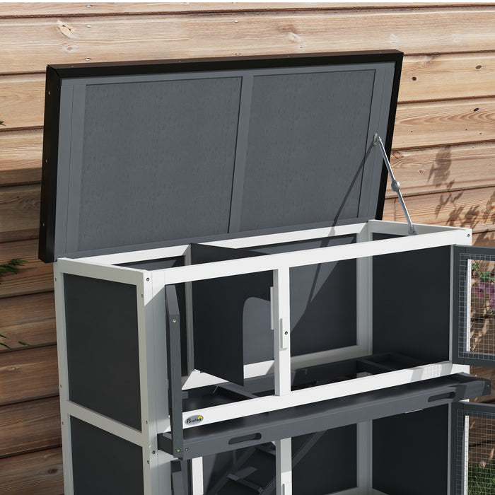 Pawhut Clapier En Bois Pour Lapins, Habitat Pour Petits Animaux Avec Rampe, Plateau Amovible Et Toit Resistant Aux Intemperies, Interieur/exterieur, Gris