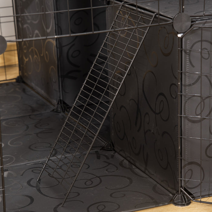 Pawhut Cage Pour Petits Animaux, 56 Panneaux Cage De Lapin Pour Chiots Avec Tapis Antiderapants, Rampes, Parc Pour Animaux De Compagnie Pour Lapin, Chinchilla, Herisson, Noir