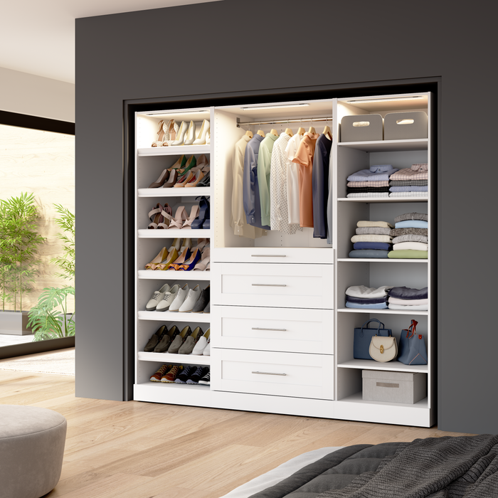 Système de garde-robe et pièce-penderie modulaire Florence de Bestar de 85 po avec éclairages à DEL, tiroirs et tablettes pour chaussures de style Shaker - blanc