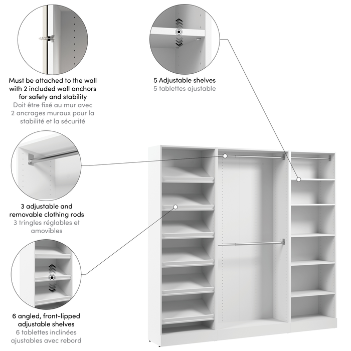 Système de garde-robe et pièce-penderie modulaire Florence de Bestar de 85 po avec tringles et tablettes pour chaussures - blanc