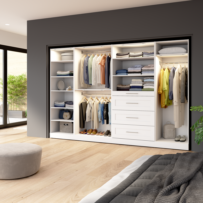 Système de pièce-penderie modulaire Florence de Bestar de 121 po avec éclairages à DEL, tringles, tablettes et tiroirs de style Shaker - blanc