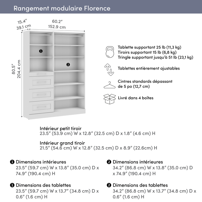 Système de garde-robe et pièce-penderie modulaire Florence de Bestar de 61 po avec tablettes et tiroirs de style Shaker - blanc