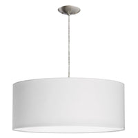 Luminaire suspendu de Dainolite de 22 po de diamètre avec abat-jour cylindrique blanc qui diffuse la lumière, fini chromé satiné et 3 ampoules
