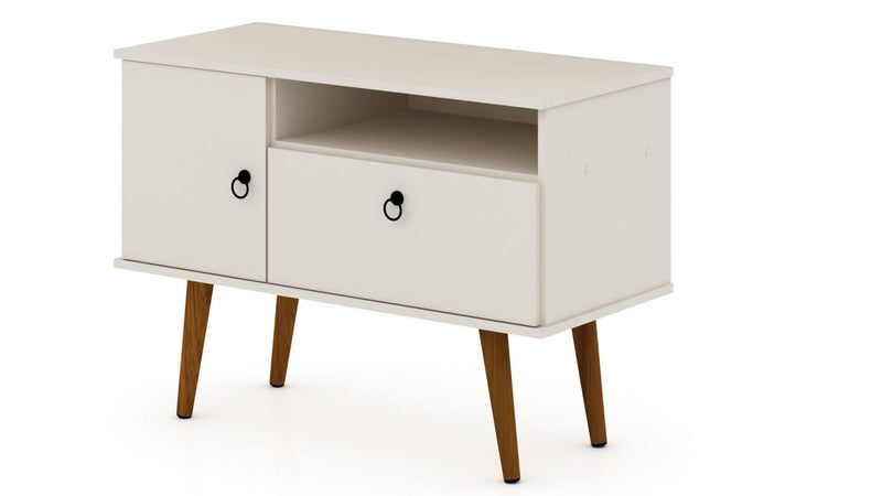 Meuble pour téléviseur Tribeca de Manhattan Comfort de 35,43 po de style moderne du milieu du 20e siècle avec pattes en bois massif - blanc cassé