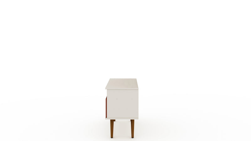 Meuble pour téléviseur Tribeca de Manhattan Comfort de 35,43 po de style moderne du milieu du 20e siècle avec pattes en bois massif - blanc cassé et rose orangé Terra