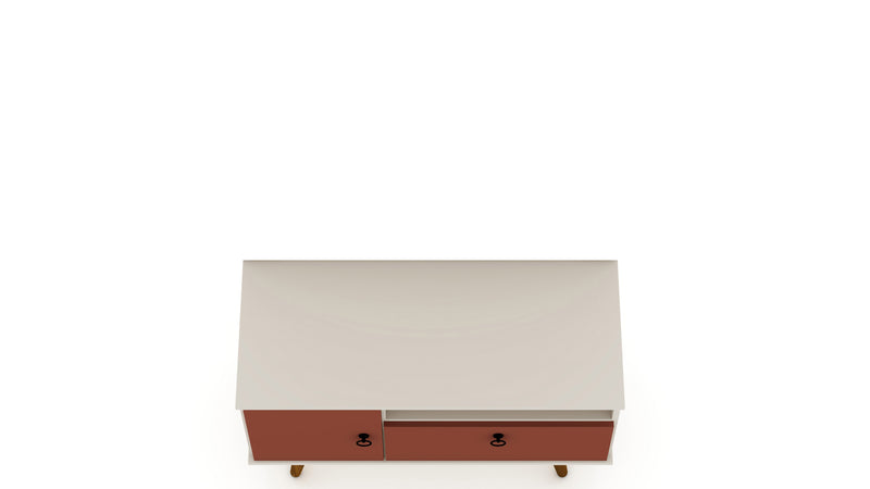 Meuble pour téléviseur Tribeca de Manhattan Comfort de 35,43 po de style moderne du milieu du 20e siècle avec pattes en bois massif - blanc cassé et rose orangé Terra