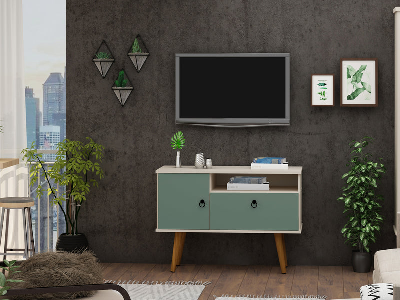 Meuble pour téléviseur Tribeca de Manhattan Comfort de 35,43 po de style moderne du milieu du 20e siècle avec pattes en bois massif - blanc cassé et vert menthe